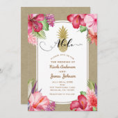 トロピカルエキゾチック花金ゴールドパイナップルアロハルアウ（ハワイ式宴会） 招待状 (正面/裏面)