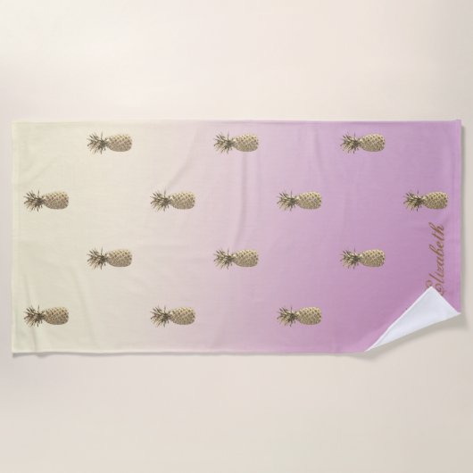 トロピカルエキゾチック、金ゴールドパイナップル ビーチタオル (正面)