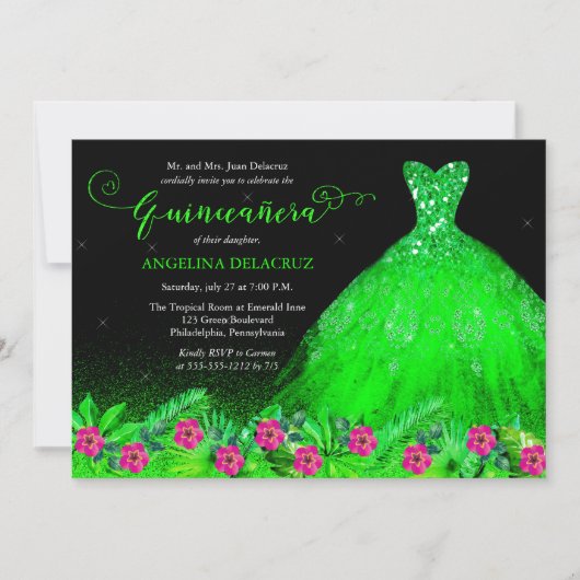 トロピカルエメラルドグリーンスペインのガウンキンセアニラ 招待状 (正面)