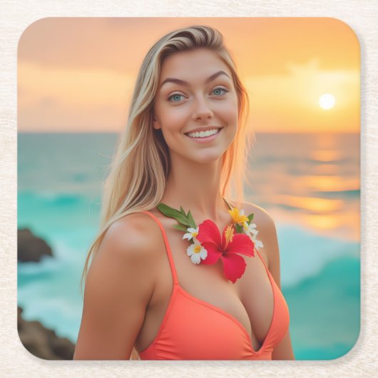 トロピカルエレガンス:ヘレナのビキニフォトシュート スクエアペーパーコースター (正面)
