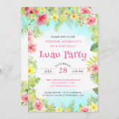 トロピカルエレガントアロハルアウ（ハワイ式宴会）バースデーパーティーピンク 招待状 (正面/裏面)