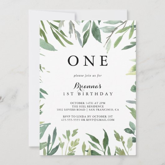 トロピカルエレガントグリーンの最初の誕生日パーティー 招待状 (正面)