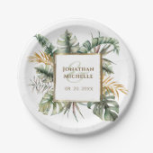 トロピカルエレガントグリーンパーム金ゴールドフレ結婚ーム ペーパープレート (正面)