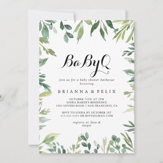 トロピカルエレガントグリーンベビーQベビーシャワーバーベキュー 招待状 (正面)