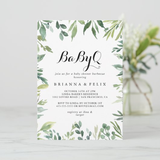 トロピカルエレガントグリーンベビーQベビーシャワーバーベキュー 招待状 (スタンド正面)