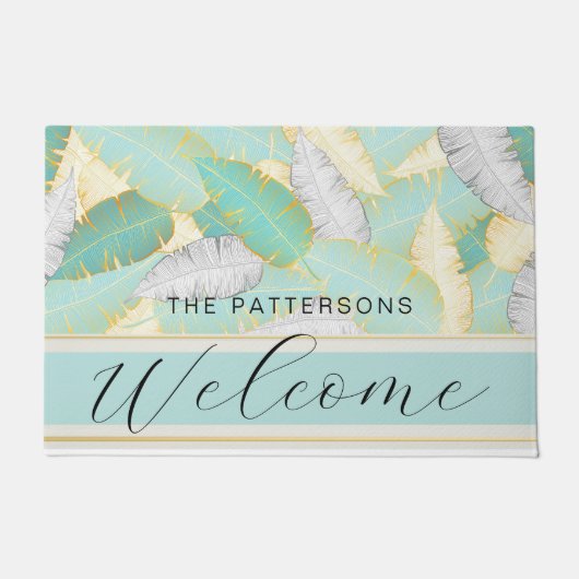 トロピカルエレガントグリーンリーウェルカムファミリー名 ドアマット (正面)
