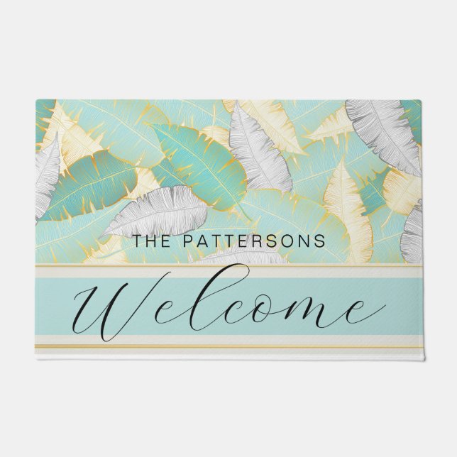 トロピカルエレガントグリーンリーウェルカムファミリー名 ドアマット (正面)
