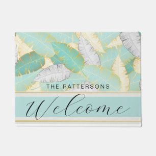 トロピカルエレガントグリーンリーウェルカムファミリー名 ドアマット