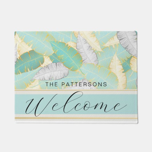 トロピカルエレガントグリーンリーウェルカムファミリー名 ドアマット (正面)