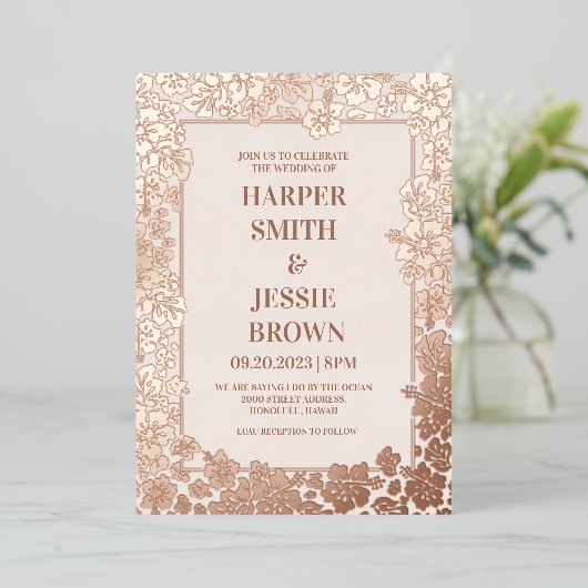 トロピカルエレガントハワイビーチ結婚式 箔招待状 (立ち正面)