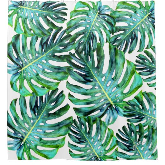 トロピカルエレガントハワイ・モンステラ葉写真 シャワーカーテン (正面)