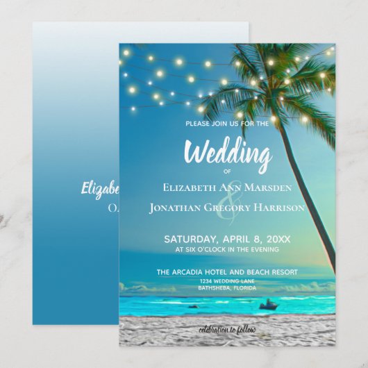 トロピカルエレガントビーチストリングライツパームズグラデーション 招待状 (正面/裏面)