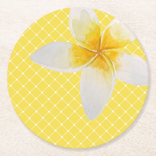 トロピカルエレガントフラワー&トレリス模様 |黄色 ラウンドペーパーコースター (正面)