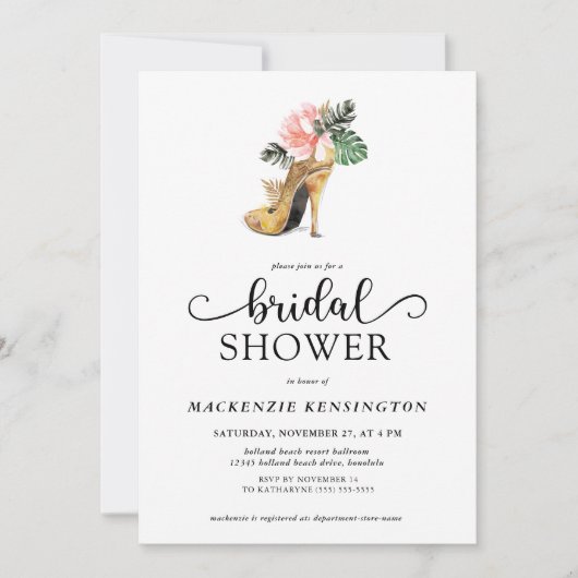 トロピカルエレガント金ゴールドグラムヒールブライダルシャワー 招待状 (正面)