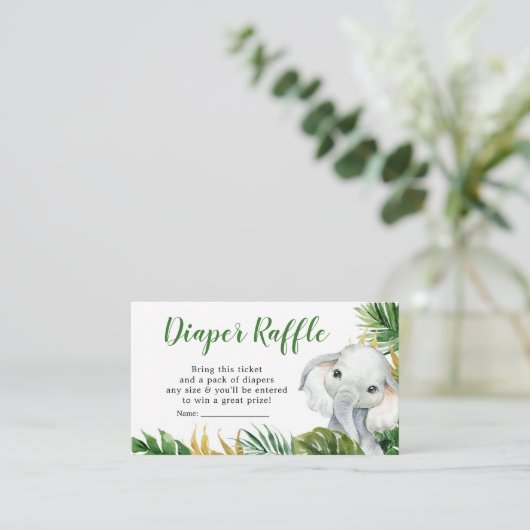 トロピカルエレファントボーイ赤ちゃんシャワーおむつラッフル エンクロージャーカード (スタンド正面)