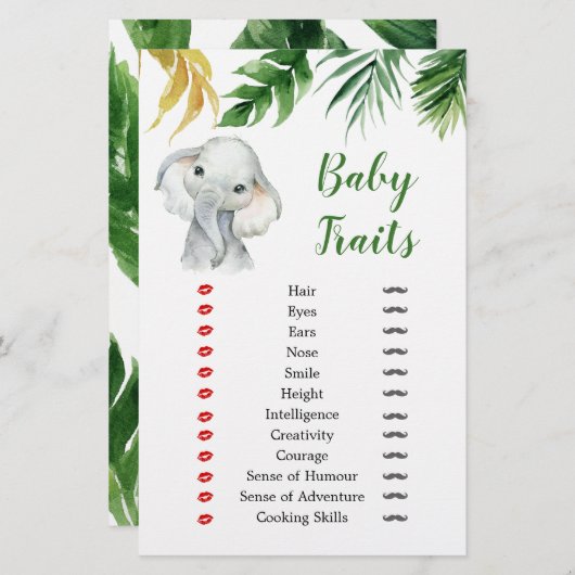 トロピカルエレファントボーイ赤ちゃんシャワーベビーの特徴ゲーム (正面/裏面)