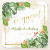 トロピカルエンゲージメントパーティー ウォーターカラーパーム フローラル スクエアペーパーコースター (正面)