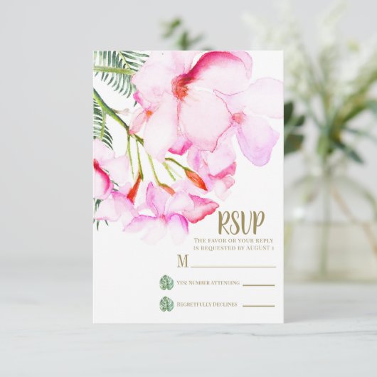 トロピカルオアシスピンクグリーンハワイアンフローラRSVP 出欠カード (スタンド正面)