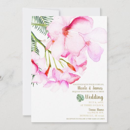 トロピカルオアシスピンクグリーンハワイアン結婚フローラ 招待状 (正面)