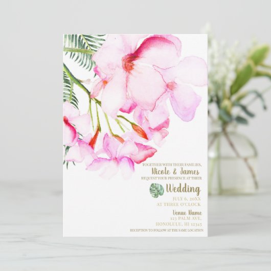 トロピカルオアシスピンクグリーンハワイアン結婚フローラ 招待状 (スタンド正面)