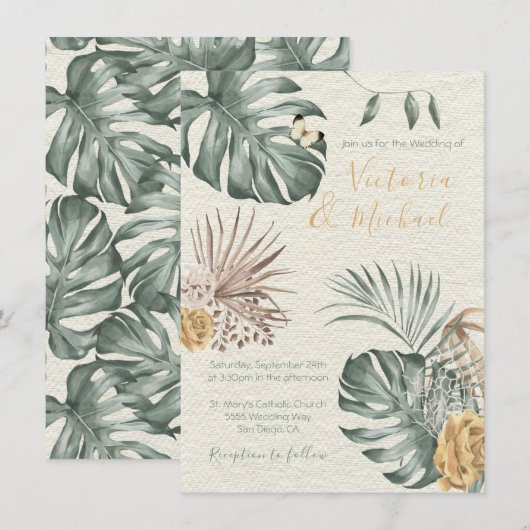 トロピカルオアシス モダンなパームリーフ ウェディング招待状 招待状 (正面/裏面)