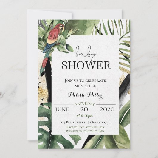 トロピカルオウムのジャングルベビーシャワー招待状 招待状 (正面)