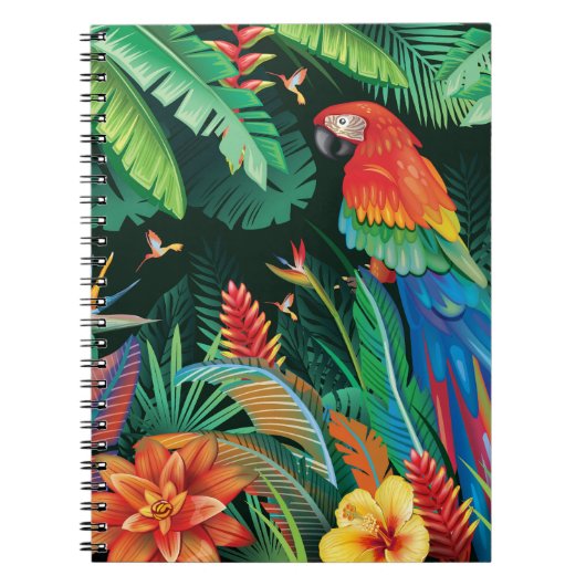 トロピカルオウム：エキゾチックなフローラ背景。 ノートブック (正面)