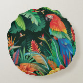 トロピカルオウム：エキゾチックなフローラ背景。 ラウンドクッション (裏面)