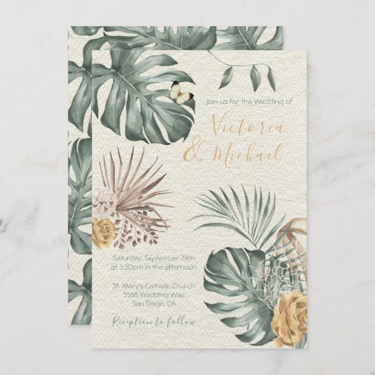 トロピカルオモダンアシスパームリーフ結婚式招待状 招待状 (正面/裏面)