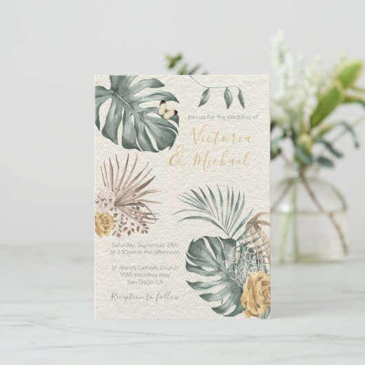 トロピカルオモダンアシスパームリーフ結婚式招待状 招待状 (スタンド正面)