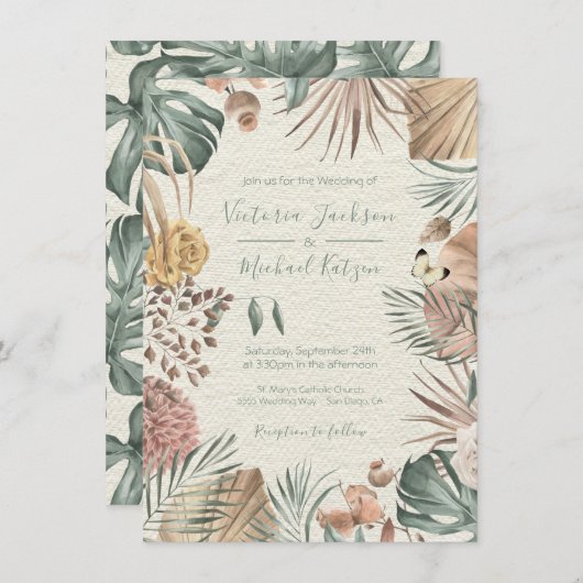 トロピカルオモダンアシスパームリーフ結婚式招待状 招待状 (正面/裏面)