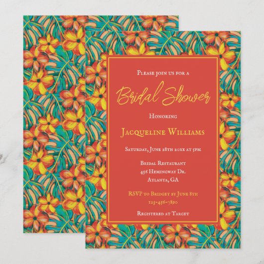 トロピカルオレンジとイエローのフラワーブライダルシャワー 招待状 (正面/裏面)