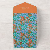 トロピカルオレンジとブルーのフローラ結婚ズ オールインワン招待状 (外側)