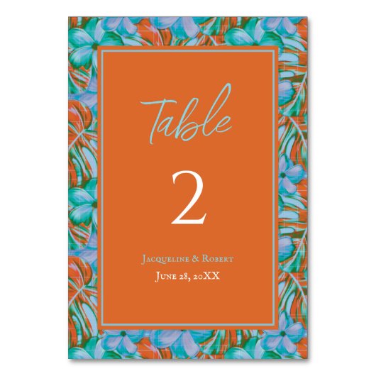 トロピカルオレンジとブルーのフローラ結婚ズ テーブルナンバー (正面)