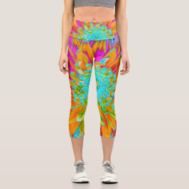 トロピカルオレンジとホットピンクの装飾ダリア カプリレギンス