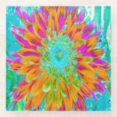 トロピカルオレンジとホットピンクの装飾ダリア ガラスコースター (正面)