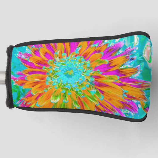 トロピカルオレンジとホットピンクの装飾ダリア ゴルフヘッドカバー (正面)