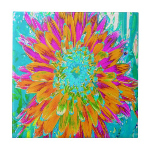 トロピカルオレンジとホットピンクの装飾ダリア タイル (正面)
