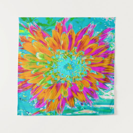 トロピカルオレンジとホットピンクの装飾ダリア タペストリー (正面(横))