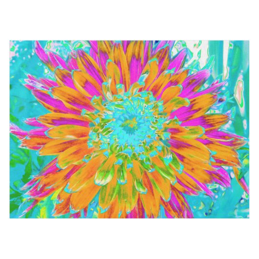 トロピカルオレンジとホットピンクの装飾ダリア テーブルクロス (正面(横))