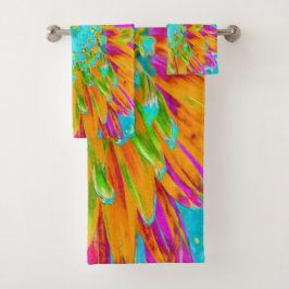 トロピカルオレンジとホットピンクの装飾ダリア バスタオルセット