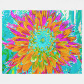 トロピカルオレンジとホットピンクの装飾ダリア フリースブランケット (正面(横))