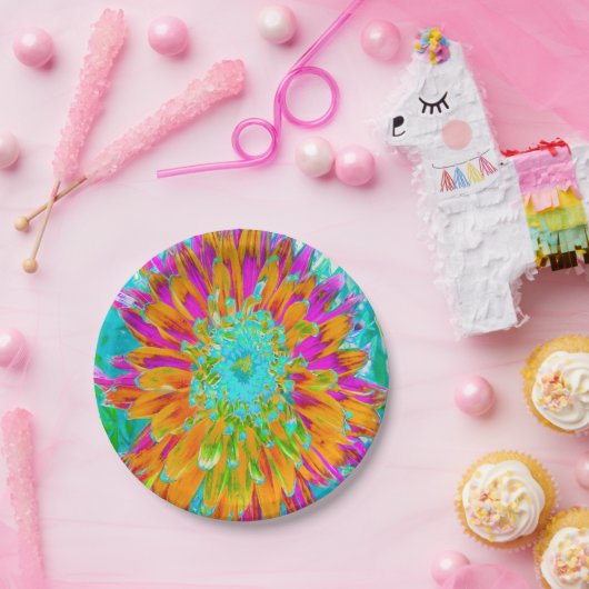 トロピカルオレンジとホットピンクの装飾ダリア ペーパープレート (パーティー)