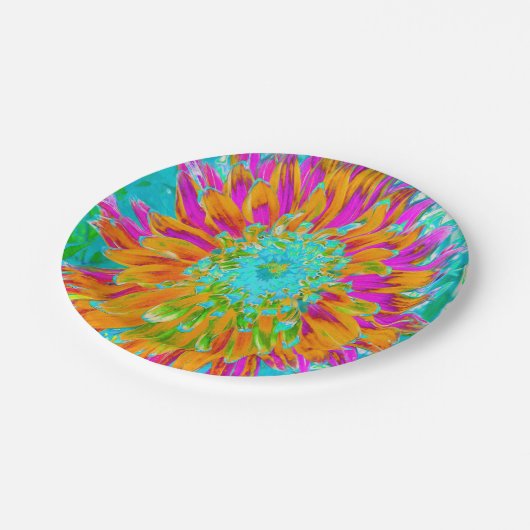 トロピカルオレンジとホットピンクの装飾ダリア ペーパープレート (アングル)