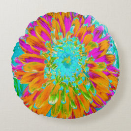 トロピカルオレンジとホットピンクの装飾ダリア ラウンドクッション