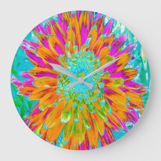 トロピカルオレンジとホットピンクの装飾ダリア ラージ壁時計 (正面)