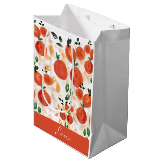 トロピカルオレンジと葉のパターン ミディアムペーパーバッグ (正面アングル)