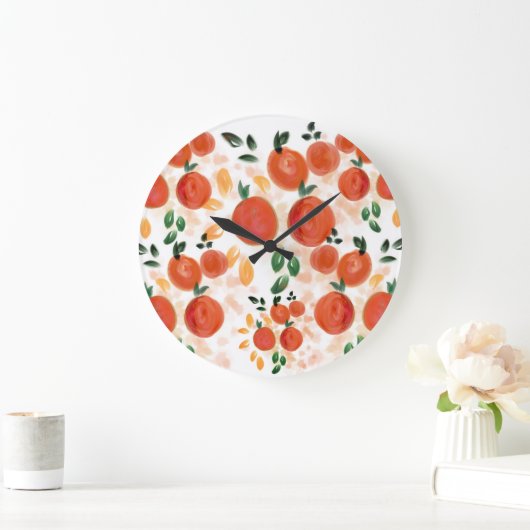 トロピカルオレンジと葉のパターン ラージ壁時計 (ホーム)