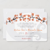 トロピカルオレンジのハイビスカス フュージョン グレー スワール ウェディング 招待状 (正面)