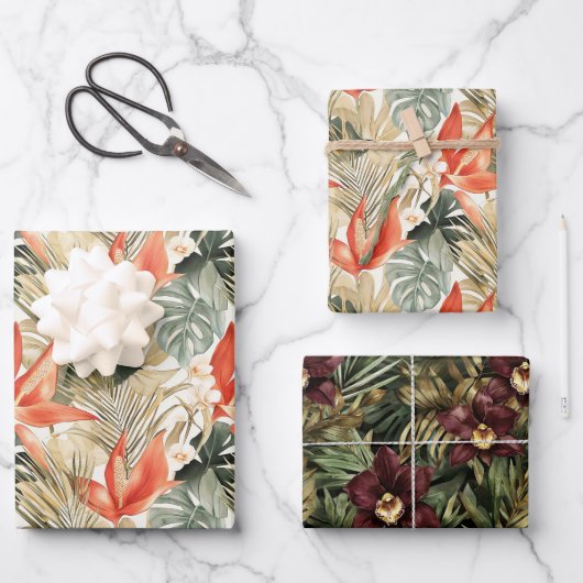 トロピカルオレンジアンスリウムオーキッド結婚フローラ ラッピングペーパーシート (正面)